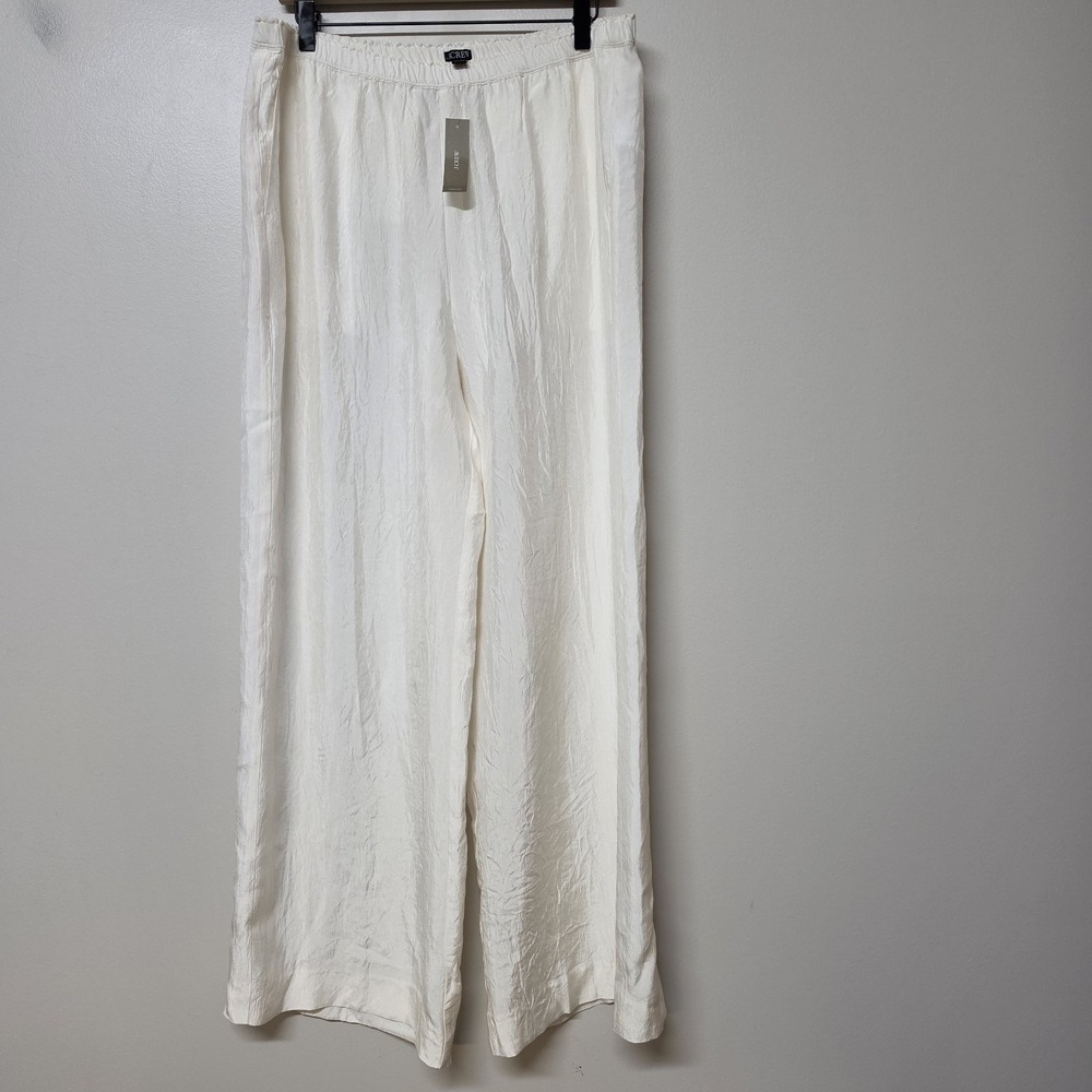 J.Crew Stratus Textured Satin Wide Leg Pull On Pants Ivory L NWT Elastic Waist